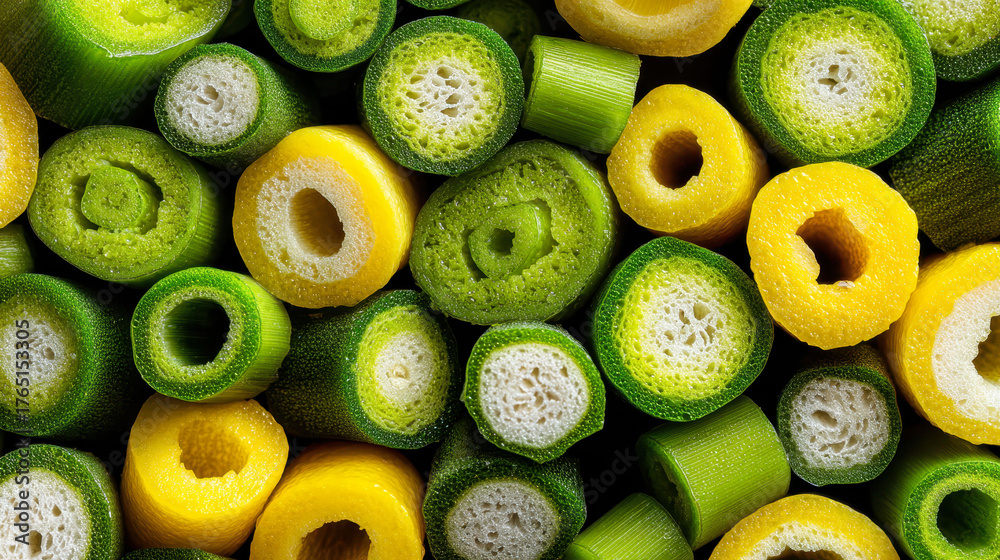 A close up of green and yellow vegetables. The vegetables are cut into small pieces and arranged in a way that they look like they are in a pile. Concept of abundance and freshness