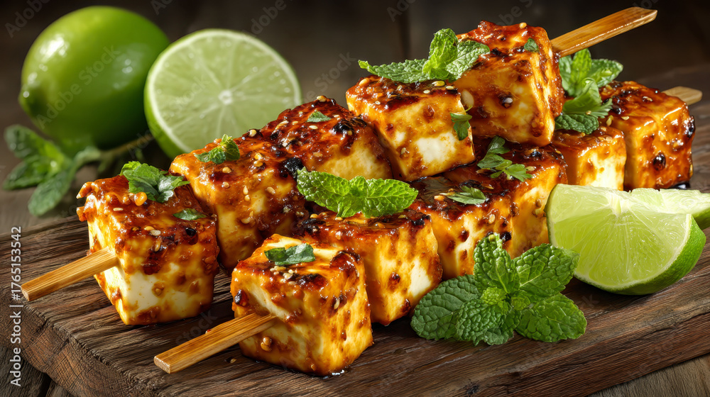 A plate of food with meat and lime on it. The lime is green and the meat is brown