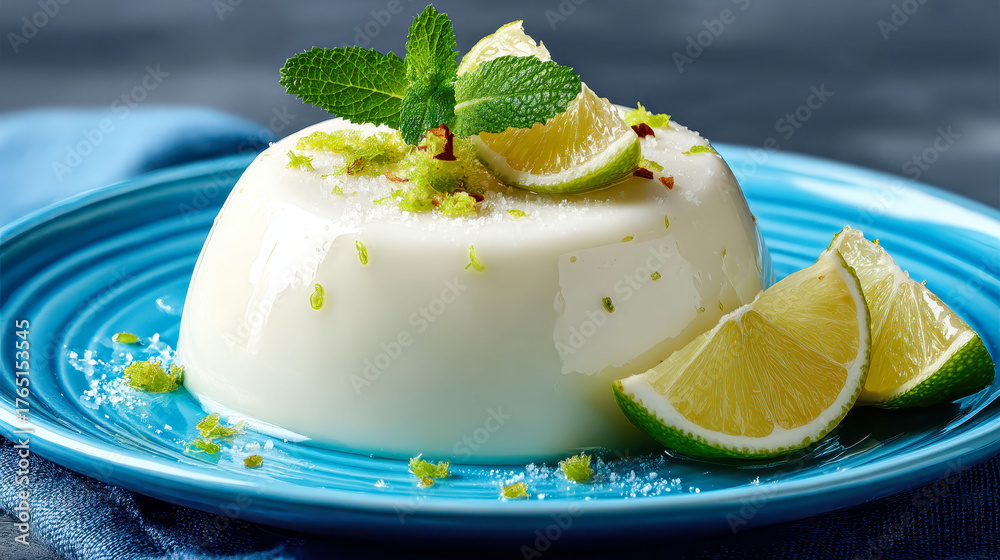 A blue plate with a white dessert topped with lime slices. The dessert is a creamy white pudding with a hint of lime flavor