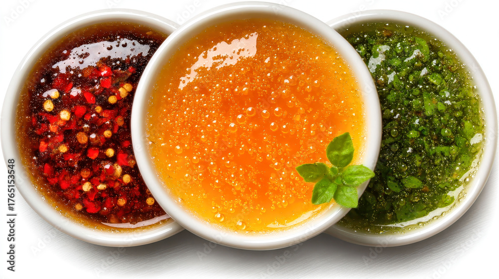Three bowls of different colored sauces, one of which is green. The bowls are arranged in a row, with the green one on the right and the other two on the left