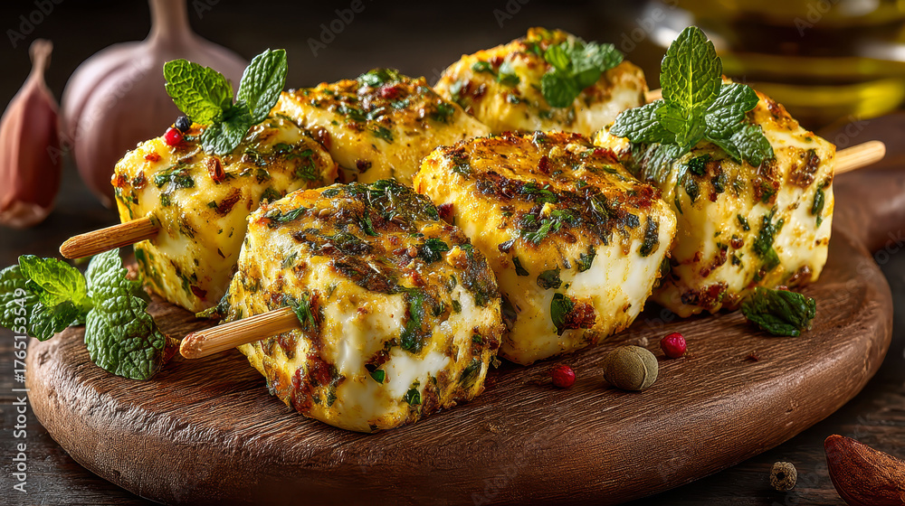 A plate of food with a bunch of green herbs on top. The food is cut into small cubes and is served on a wooden board
