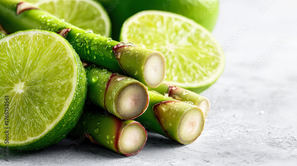 A bunch of lime and asparagus are on a table. The lime is cut in half and the asparagus is cut into pieces