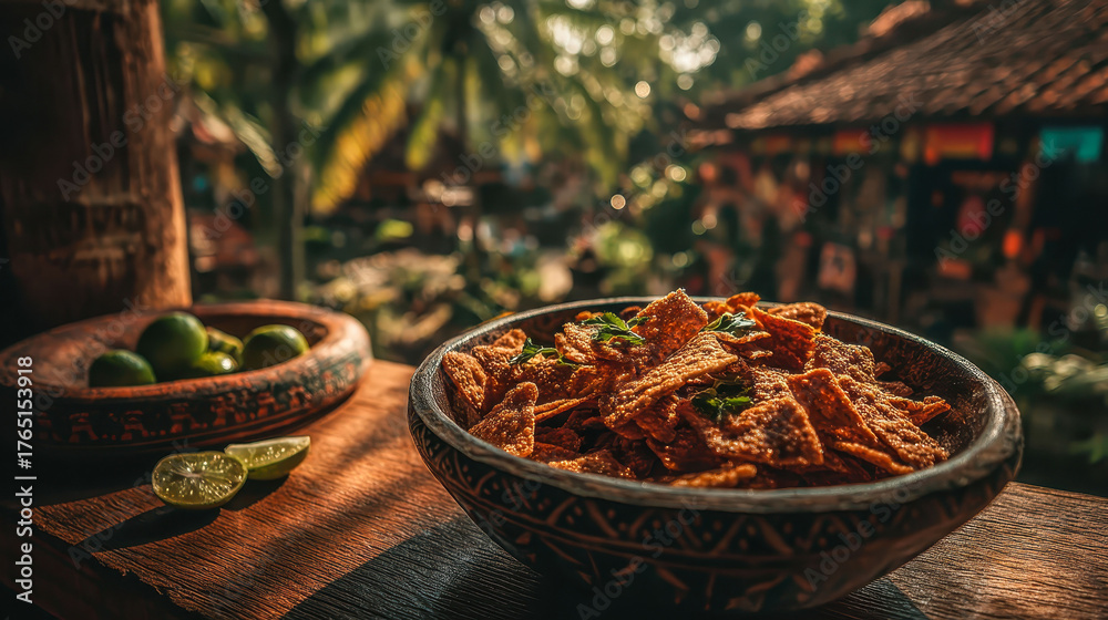 A bowl of food with a few limes on a table. The bowl is filled with chips and there are a few limes on the table