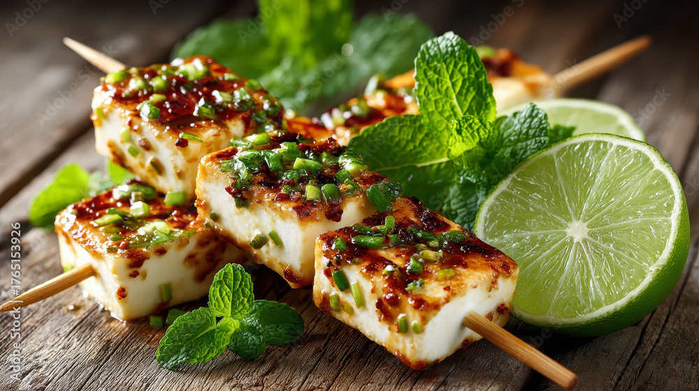 A plate of food with a lime on top. The food is a mix of meat and vegetables