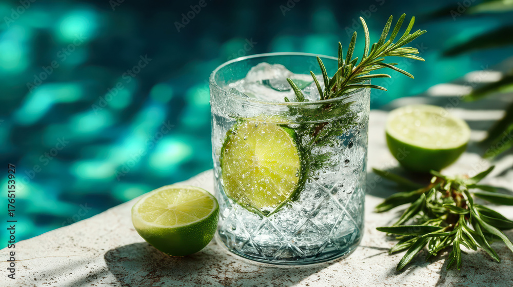 A glass of water with a lime slice in it. The glass is on a table next to some green leaves