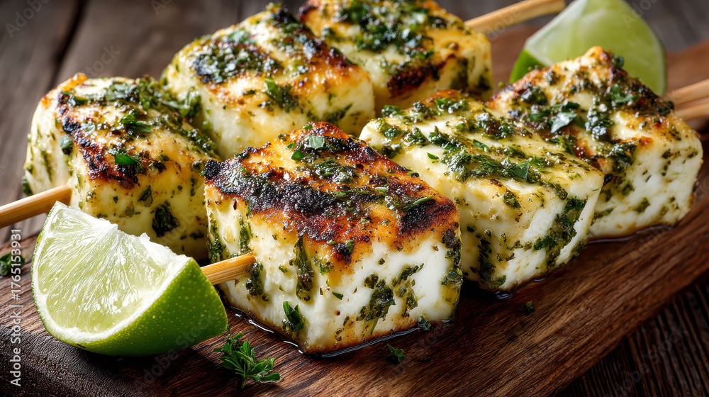 A plate of food with a bunch of lime wedges on the side. The food is a mix of meat and vegetables, and the lime wedges are used as a garnish. Scene is appetizing and inviting
