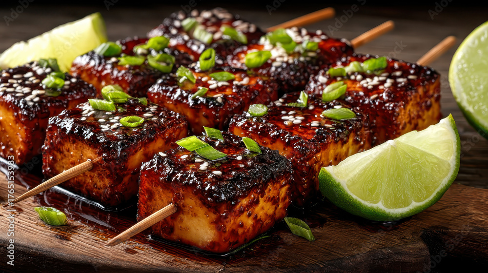 A plate of meat and lime wedges on a wooden board. The meat is cooked and has a brown crust. The lime wedges are fresh and green. The plate is arranged in a way that makes it look appetizing