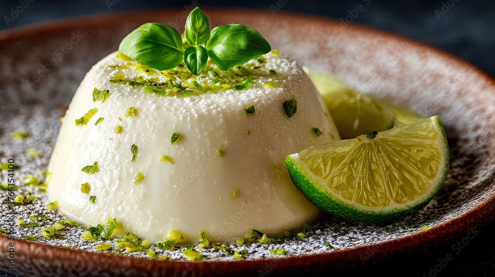 A dessert with a lime on top of it. The lime is cut in half and placed on top of the dessert