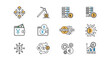 © Areum.vectorart - Vibrant collection of line icons representing Bitcoin and cryptocurrency concepts, including blockchain technology, crypto mining, digital wallets with currency symbols, electronic cash, financial