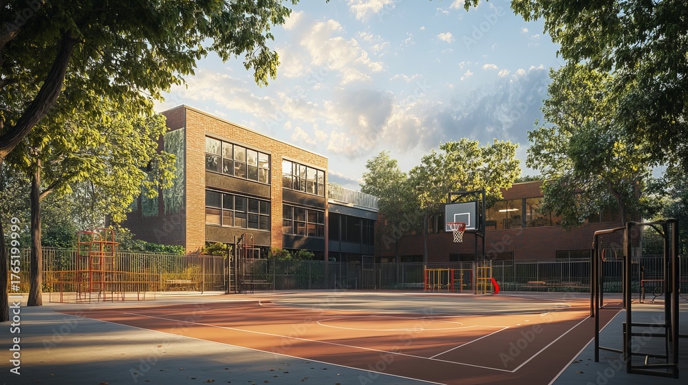 Sunny schoolyard with basketball court and modern school building ...