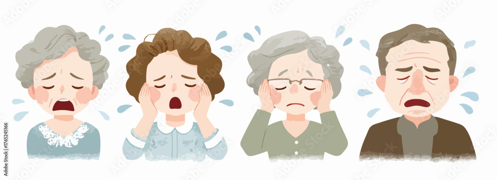 Eine Illustration von vier älteren Menschen, die Tränen vergießen und ...