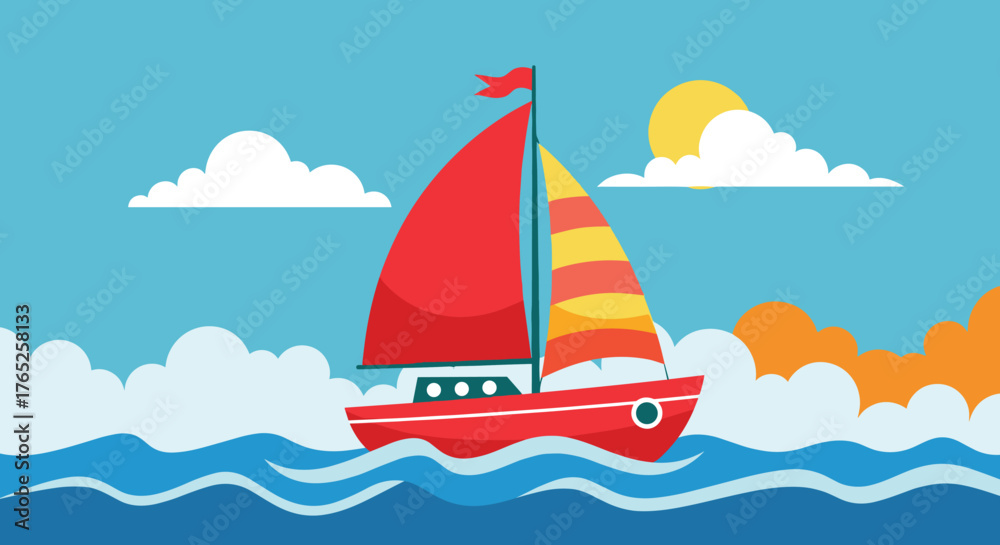 Red Sailboat Sailing on the Ocean Waters on a Sunny Day, Perfect for ...