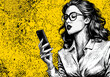 © Dizzi - Una ilustración vectorial de una mujer moderna con gafas, inmersa en su teléfono móvil sobre un fondo amarillo vibrante y texturizado.