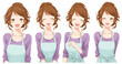© Tejodi - 사랑스러운 미소를 짓는 앞치마를 입은 여성의 다양한 표정과 포즈를 보여주는 벡터 일러스트레이션입니다.