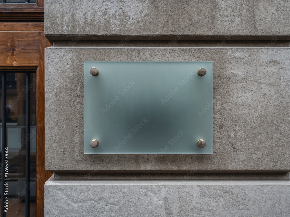 Blank frosted glass sign mockup on a stone wall. Empty horizontal ...