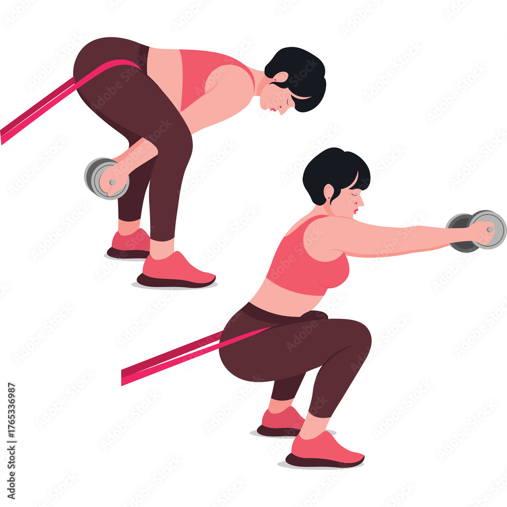 Woman Performing Squat and Bent Over Row Exercise with Resistance Band ...