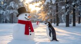 Snowman and penguin exchanging a festive gift in a magical snowy winter forest landscape at sunset