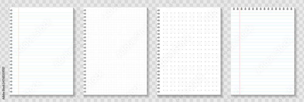Realistic lined and checkered sheets note paper. Blank pages of school ...