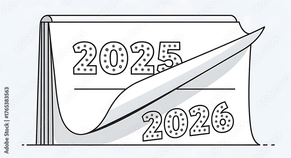 A hand drawn illustration of a calendar page turning from the year 2025 ...