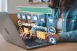 © Background - modern workspace showing seo analytics, email marketing, and video campaign tools