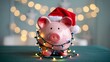 © Rashid - Festive pink piggy bank wearing Santa hat wrapped in Christmas lights offers a fun way to save money for the holidays and plan for the future