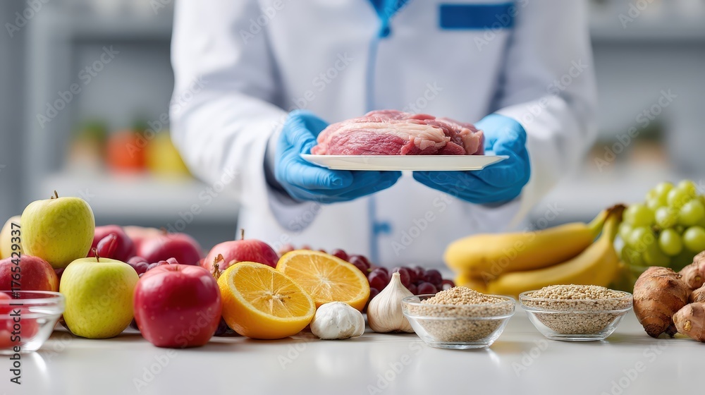 Quality inspection of meat and fresh produce in a food laboratory Stock ...