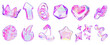 © marozhkastudio - 3d crystal glass hologram y2k shape set - pink and purple neon gradient heart, stars, fire, lightning, crown, cherry, chain, arrow, polygon, spiral line and sphere on black background
