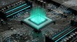 © Shafiul Muttaqin  - An illuminated central processing unit cpu or microchip on a detailed circuit board, with vibrant teal light beams projecting upwards, representing powerful computing and digital transformation