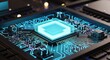 © Shafiul Muttaqin  - Closeup of a glowing blue computer processor chip on a circuit board, symbolizing technology, innovation, and digital data processing