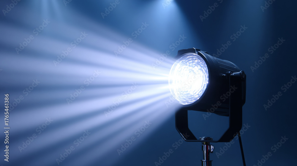 Spotlight illuminating a dark stage with beams of light creating ...