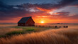 © sa-photo - Red barn sunset field grass rural landscape with dramatic sky and warm light creating peaceful countryside scene