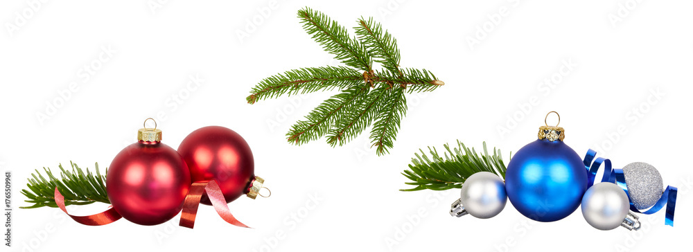 set of christmas balls with fir tree branch decoration isolated on ...