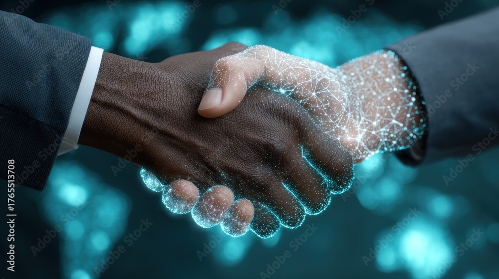 Digital handshake: A striking image of two hands clasped in a handshake ...