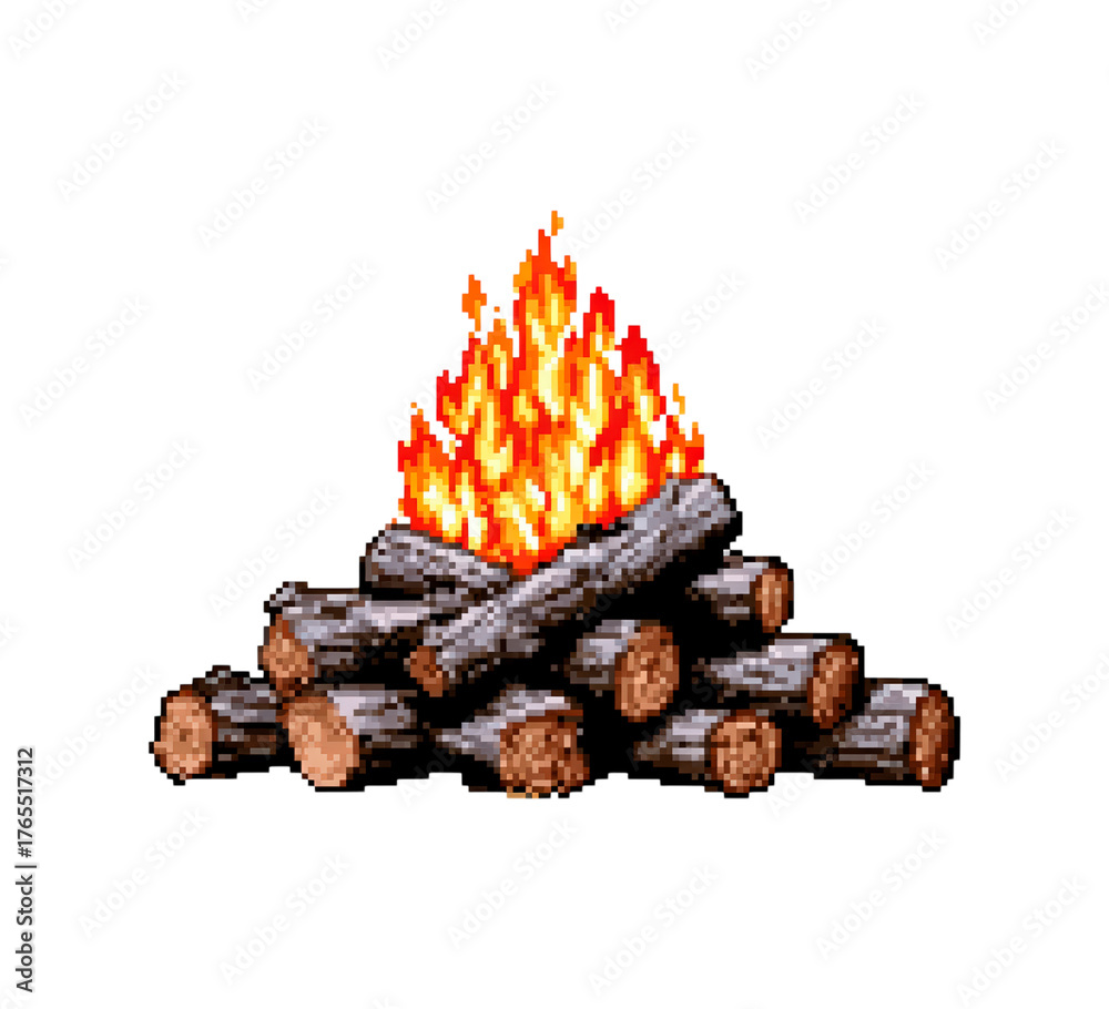 Pixel art campfire with burning logs for retro game design on ...