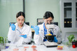 © laddawan - Asian food scientists inspect raw meat samples under microscope for biotech research, hygiene, and food safety analysis.