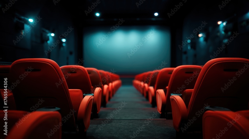 Empty movie theater with red seats and screen Stock Illustration ...