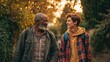 © Ruslan Gilmanshin - Diverse man and teenager walking outside. An elderly african american man and a young man with a backpack are walking on a path in the park