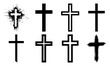 © Luka - Minimalist cross symbol variations set including grunge paint splatter and outline crucifix vector icons.
