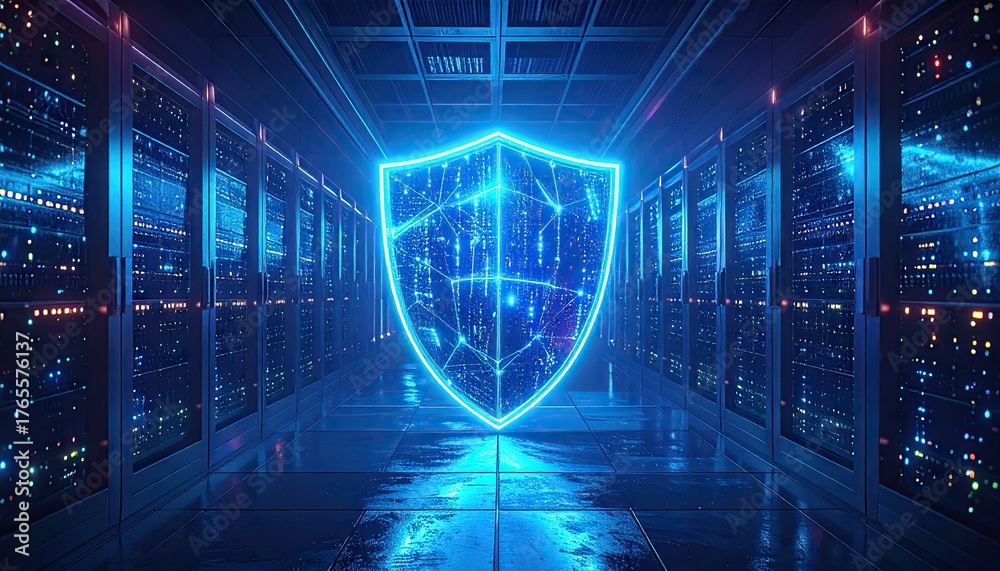 Futuristic digital shield glowing in a modern data center server room ...