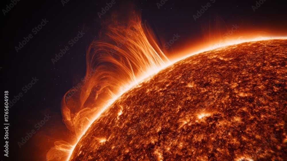 Stunning photorealistic view of the sun with fiery prominences, plasma ...