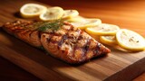Grilled salmon fillet, with dill and lemon slices, on a wooden cutting board, close up view, copy space.