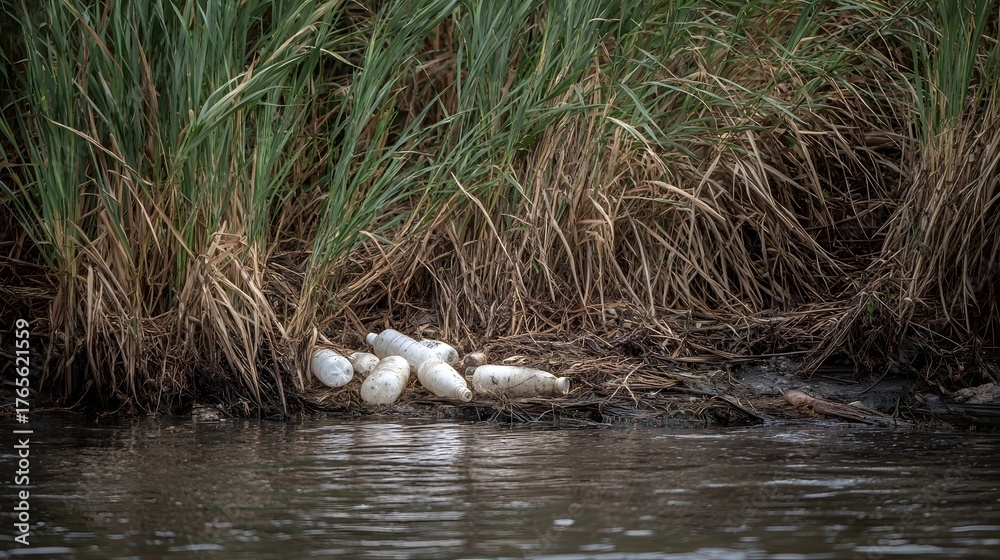 Discarded plastic bottles litter a riverbank tangled in reeds a stark ...