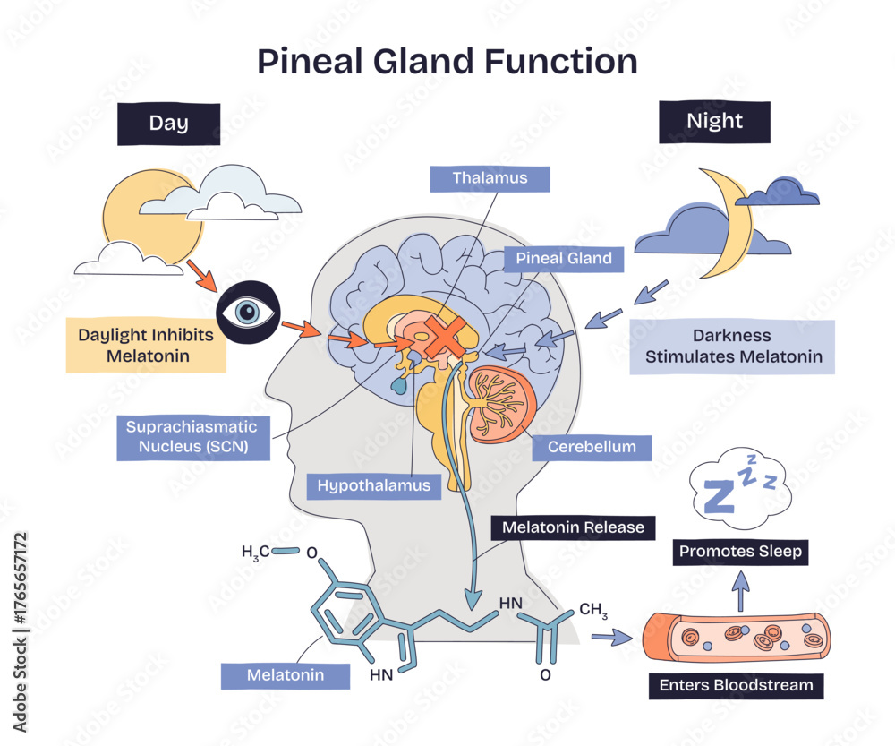 Pineal gland function, light vs dark signals drive melatonin release ...