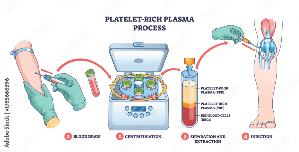 Platelet-rich plasma process shows blood draw, centrifuge separation ...