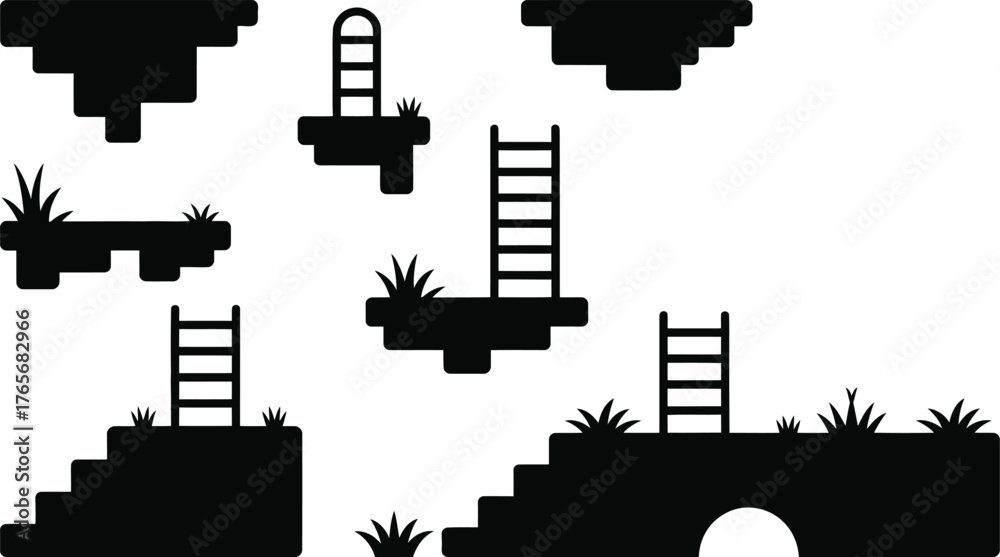 Game level design elements pixel art platforms ladders grass silhouette ...