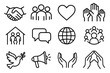 © Іван Ніколов - Community Harmony Icons. Social harmony outline set: handshake, group of people, heart, raised hands, family, chat bubbles, globe, community circle, peace dove, megaphone, support
