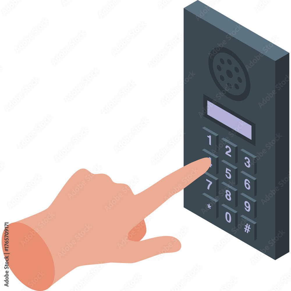 Intercom Graphics Transparent Close Up of A Hand Dialing A Dark Gray Intercom System With A Number ...