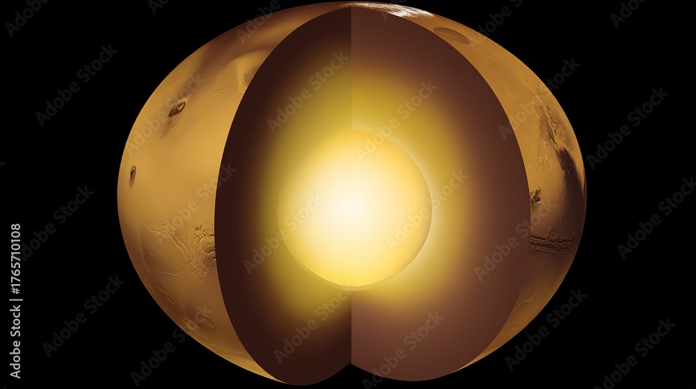 mars. A cross-section visual of Mars revealing its glowing, solid ...