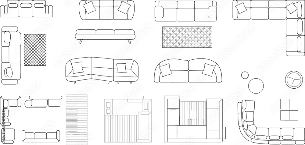 Modern sofa top view set, living room furniture layout, sectional couch ...