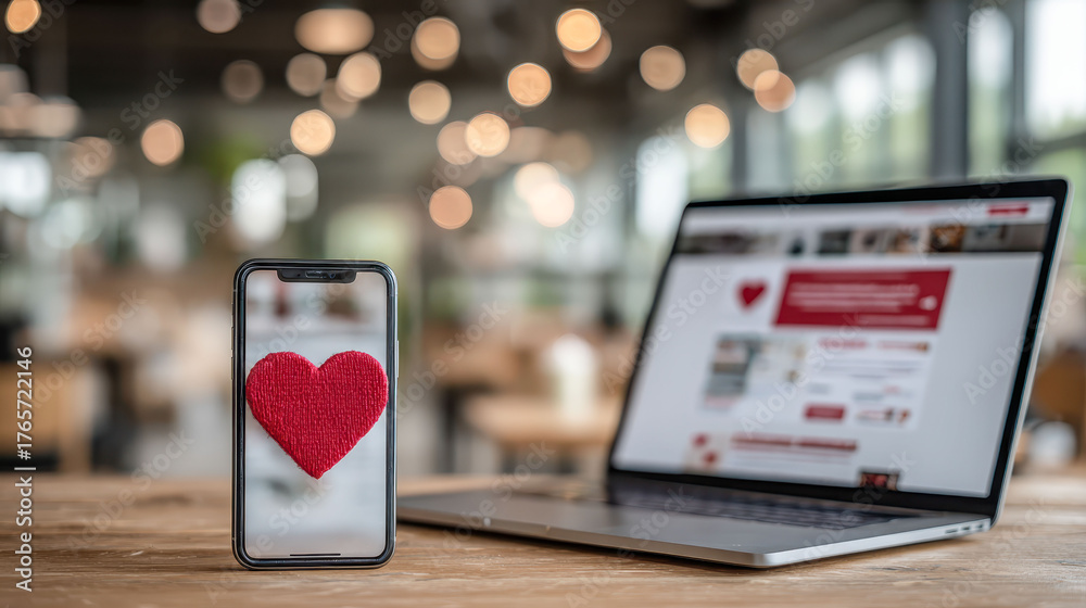 A cell phone with a heart on it is sitting on a table next to a laptop. Concept of love and affection, as the heart symbolizes these emotions